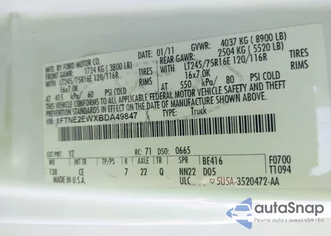 2011 Ford E-250 Commercial из США, поврежденный, VIN 1FTNE2EWXBDA49847